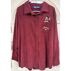 Disney Maroon Wine Collared‎ Long Sleeve Suede Soft Mickey Button Up Shirt Sz 1X